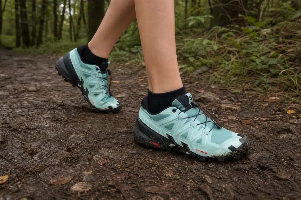 Salomon SpeedCross 6 portée sur un sentier boueux en forêt