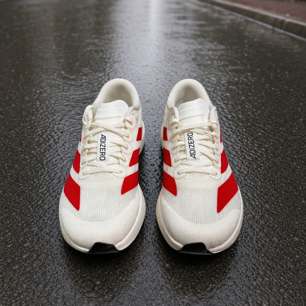 Dessus et laçage de l'Adidas Adizero Evo SL blanche et rouge