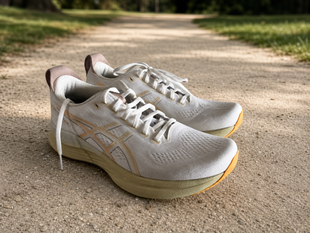 ASICS Gel-Kayano 32 blanche et orange sur un chemin stabilisé