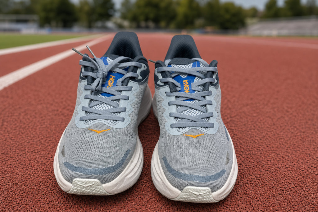 Dessus et laçage de la HOKA Bondi 9 bleue blanche et orange