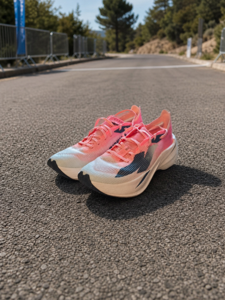 Kiprun KD900X LD+ homme rose et blanche sur route sèche