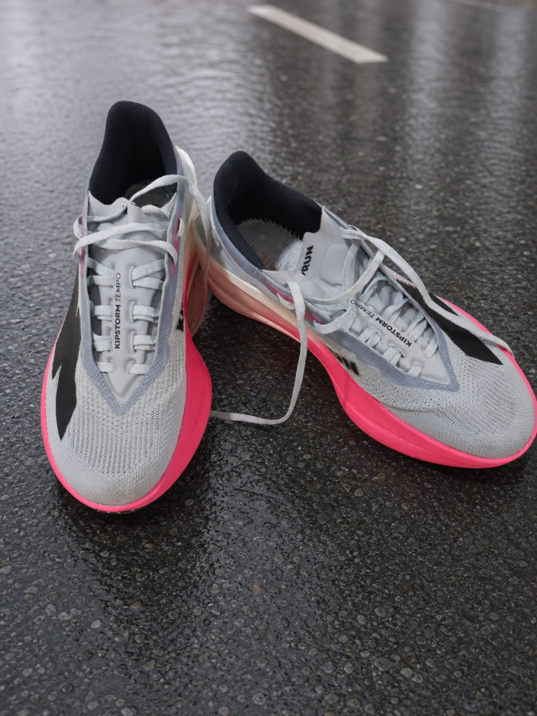 Kiprun Kipstorm Tempo homme gris clair et rose sur sol humide