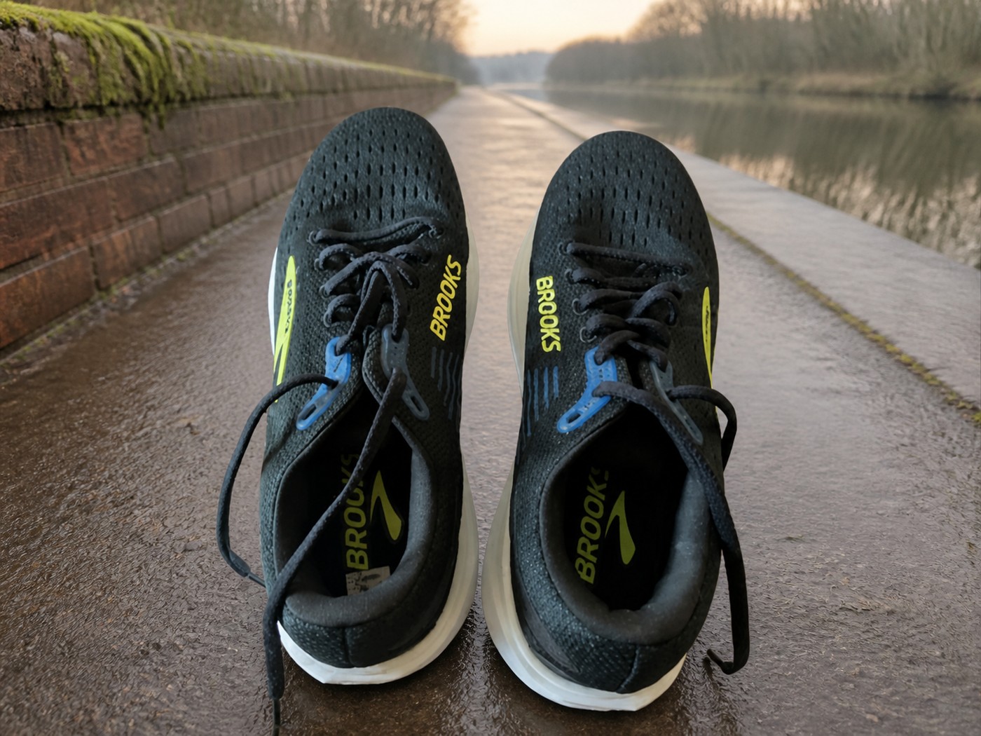 Vue du dessus des Brooks Ghost Max 3 noires au bord d’un canal