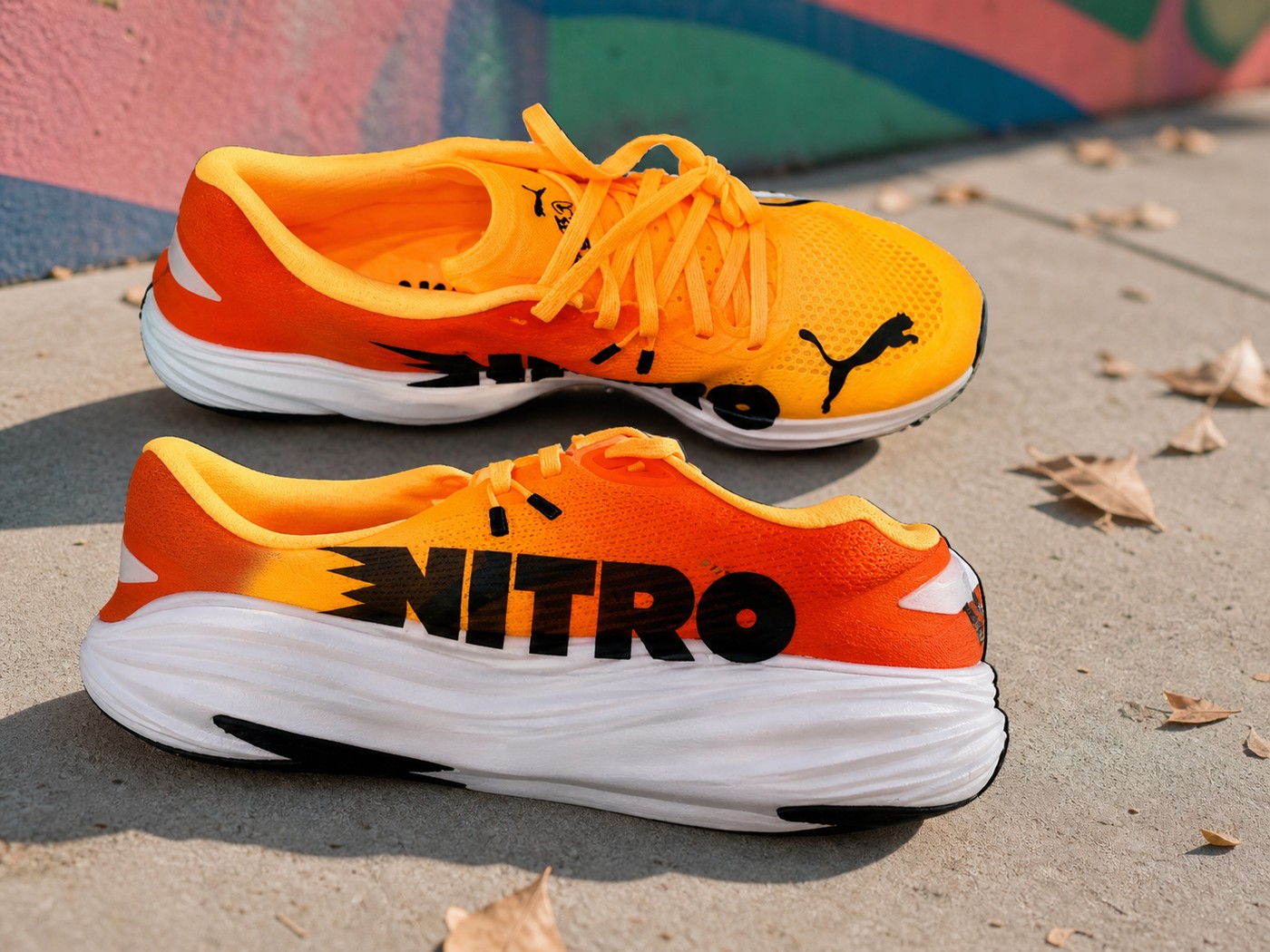 Vue du dessus des Puma Deviate Nitro 3 orange sur une promenade urbaine