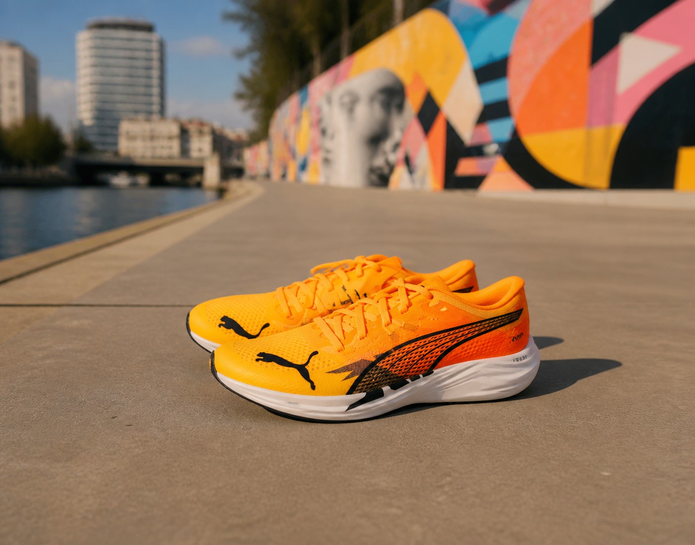 Profil des Puma Deviate Nitro 3 orange près d’une fresque urbaine