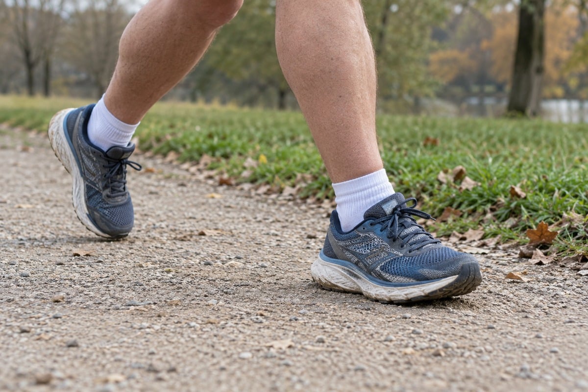 Coureur de gabarit fort vu uniquement au niveau des jambes avec chaussures de running sur un chemin de parc